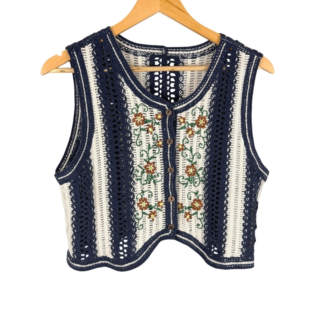 Womens Crochet Knit Floral Embroidered Vest S Blue Cottagecore Boho Western